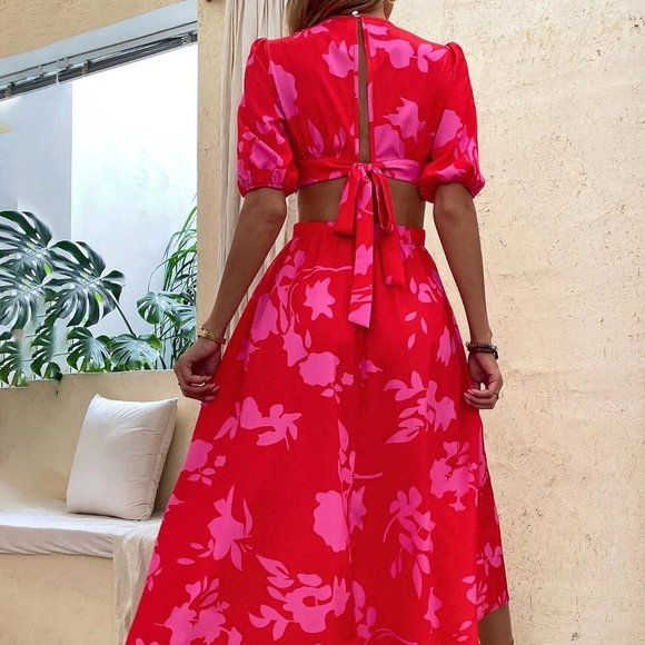 Red Boho Womens Floral Print Puff Sleeve Cut Out Tie Back Dress - Picture 3 of 5